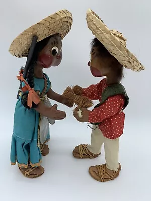 2 Vtg Mexican Hand Made Painted Oil Cloth Folk Art 11” Dolls Hunter And Gatherer • $16.20