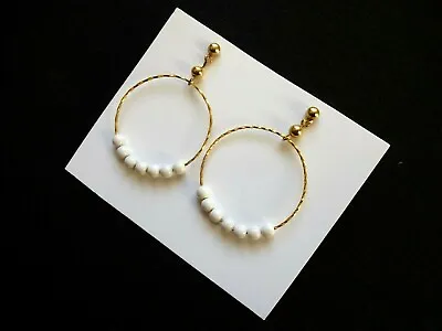 1980s Gold Tone Hoop Earrings With White Beads. New Old Stock. Vintage. Retro • £2.49