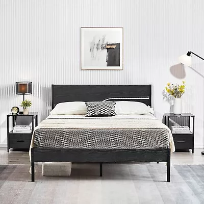 Twin Full Queen Size Bed Frame With Wooden Headboard Metal Platform Steel Slat • $135.99