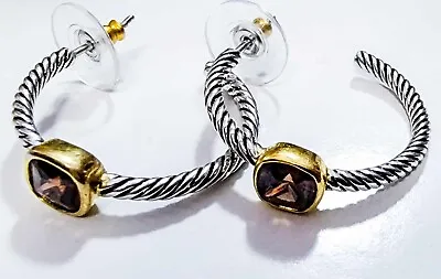Vintage Fine Open Hoop Earrings Garnet 2-tone Gold Silver Color 1  Estate Rare • $4.95
