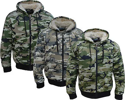 Mens Army Fur Lined Military Camo Camouflage Zip Hoodie Hooded Jacket Top M-XXXL • £21.95