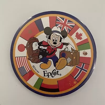 Vintage Disney World Epcot Pinback Button Mickey Mouse Traveler Country Flags • $6.50