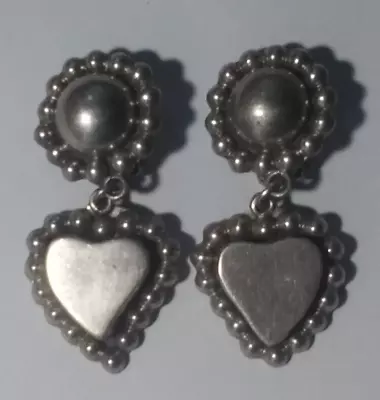 Mexico TR Sterling Silver Heart Dangle Clip Earrings Southwest Design (E-64) • $42