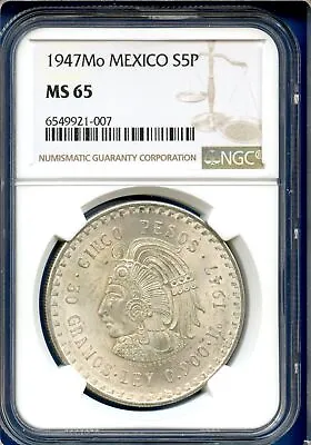 1947 Mo Mexico NGC MS65 Silver 5 Pesos S5P Cinco Pesos Cuauhtemoc MS-65 • $144.95