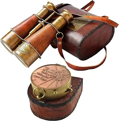 Marine Binocular With Compass And Leather Case Victorian Style Spyglass Hiking • $165.90