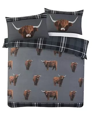 Highland Cow Duvet Cover Reversible Grey Tartan Check Bedding Set • £13.99