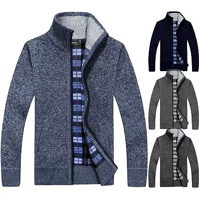 £15.99 • Buy Mens Winter Funnel Collar Zip Up Thick Fleece Lined Knitted Cardigan Jumper Top