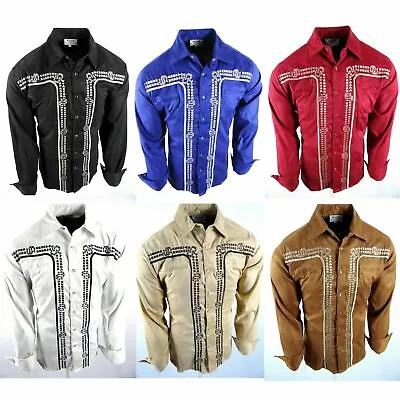 Mens Western Rodeo Shirt Embroidered Horseshoe Stripe Snap Up Faux Suede Stretch • $19.95