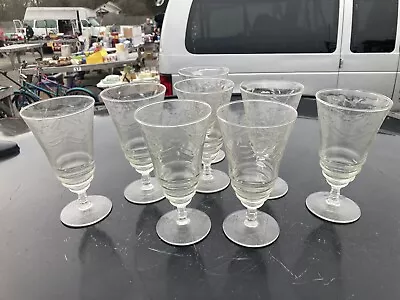 Vtg 1940 Set Of 8 Etched Crystal Floral Footed Water Glasses Stemware 6.25” • $45