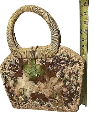 Vintage Straw Purse Woven Basket Embellished Floral Beads Shells Boho Japan 50s • $79.99