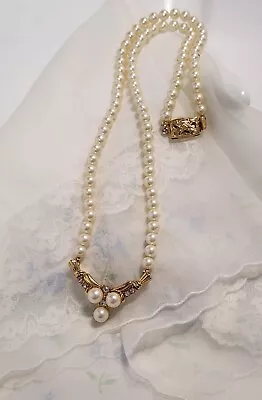 Vintage Monet Necklace Faux Pearls & Rhinestone Signed Gold Tone • $18.99