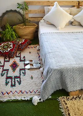 Moroccan Handmade Cotton Blanket Pom Pom Blanket Bedspread Handwoven Bed Cover • $120