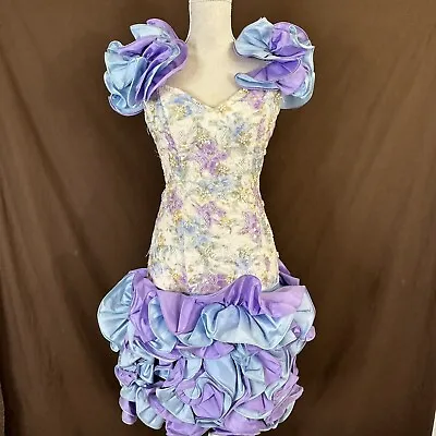 Vintage 80s Alyce Designs Sequin Floral Prom Party Dress Puffy Sleeves Size 8 • $249.99