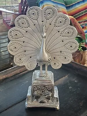Vintage 1988 Metal Meenakari Wedding Dancing Peacock Showpiece Silver Home Decor • $30