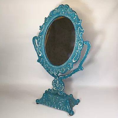 Vintage Cast Iron Mirror Teal Heavy Rustic Vanity Tabletop Shabby Chic • $32.97