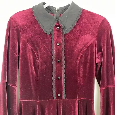 Hell Bunny Prudence Burgundy Velvet Bell Sleeve Dress Size S UK10 Goth Mini New • $34.95