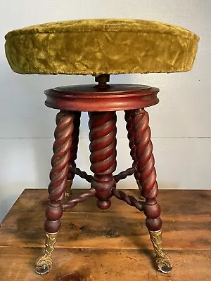 Atq Victorian Piano Organ Stool Glass Ball Claw Feet Twisted Rope Wood Gr Velvet • $249.99