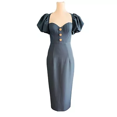 ELLE ZEITOUNE Puff Sleeve Midi Dress Women's Size 8 Dark Green Gold Button Event • $89.96