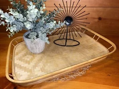 Vintage Woven Bamboo Rattan Wicker Lap Serving Tray Tiki Bar Party 18.25  X 13  • $32.50