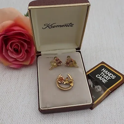 Krementz 14k Gold Overlay Horseshoe Rose Pin Rose Screw Back Earring Set Boxed • $45