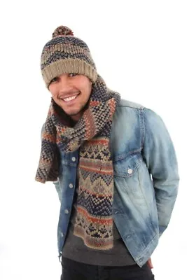 £7.99 • Buy Men's Knit Fairisle Pattern Fleece Lined Warm Beanie Hat & Scarf
