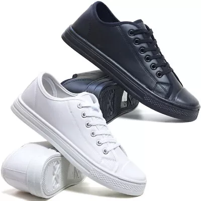 Mens Lace Up Casual Retro Faux Leather Deck Plimsolls Trainers Pumps Shoes Size • £12.95