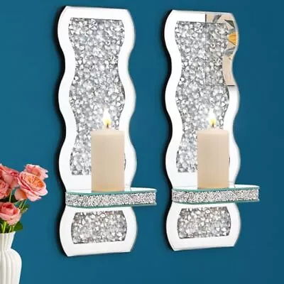 Crystal Crush Diamond Mirrored Candle Sconces Silver Wall Candle Silver Wave • £48.11