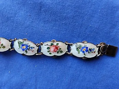 Vintage Norway Sterling Silver Guilloche Enamel  White Pink Rose Link Bracelet • $82.99