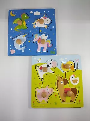 $5 • Buy Toddler Board/Peg 4 Piece Puzzles - Lot Of 2 - Farm Animals, Magical Creatures