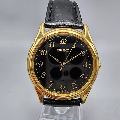 VTG Seiko Watch Men 33mm Black Dial Gold Tone Round V701-1920 New Battery • $29.99