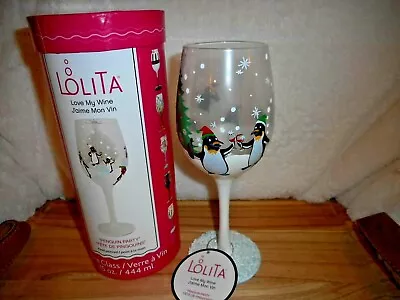 Lolita 2019 Penguin Party Hand Painted 15 Oz. Wine Glass Handpainted New • £28.94