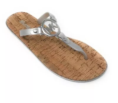 Michael Kors Womens Silver Cork Sandals MK Logo Charm Jelly PVC Flip Flop 11 • $45