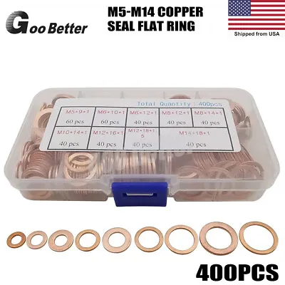 400PCS Washer Solid Copper Crush  Gasket Set Flat O-Ring Seal Assortment Kits US • $15.10