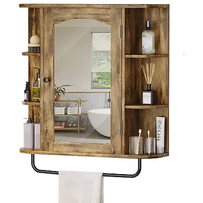 Medicine Cabinet W/ Mirror Door Storage Shelf Wall Mount Bathroom Cabinet Brown • $49.39