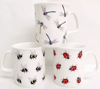 Bees Dragonflies Ladybirds Mugs Set 3 Fine Bone China Cups Hand Decorated In UK • £20