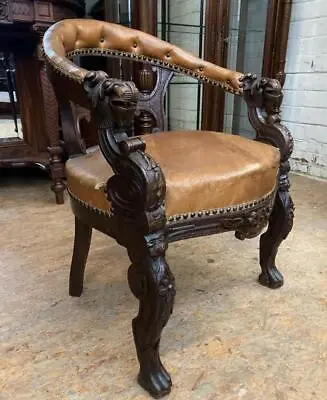 ARRIVES JULY 2024: French Antique Renaissance Revival Walnut & Leather Chair • $1150