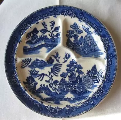 Vintage 11  BLUE WILLOW Divided GRILL CHOP PLATE Curved Sections Moriyama Japan • $26