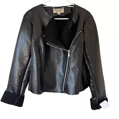 NEW Michael Kors Black Faux Leather Shearling Zip Up Jacket Size XL • $125