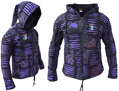 Men Purple Jacket Psychedelic Gothic Fleece Lined Embroidery Elf Pointed Hoodie • $62.55