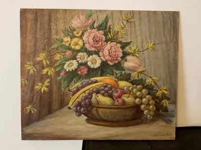 1950's Still Life Oil Painting On Board By Peter Rosiska 20x24 Flowers Fruit • $49.99