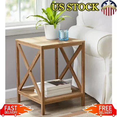 Square Side Table Wood Living Room Furniture W/ Storage Rustic Weathered Oak US • $63