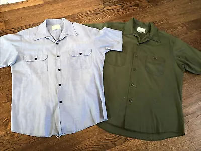 Lots Of 2 VTG Sears Work Shirts Chambray Olive Green Sz L Shortsleeve Workwear • $24.99