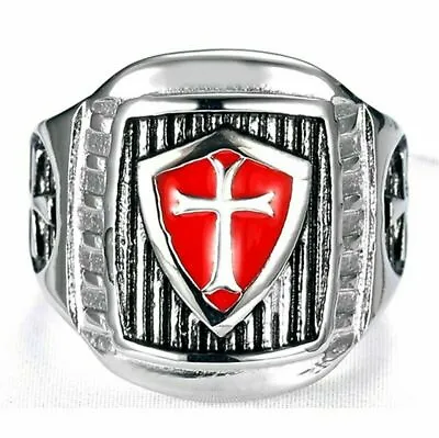 Mens Shield Cross Knights Templar Ring Silver Stainless Steel Size 7-15 Gift • $7.99