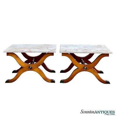 Vintage French Regency Mahogany X Form Marble Top End Table - A Pair • $1000