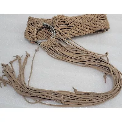 Boho Hippie Macrame Woven Braided Belt Suede Tan Neutral Fringe Silver Rings • $9.95