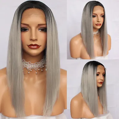 Ombre Gray Synthetic Lace Front Wig Black Women Glueless Straight Short Bob Hair • $13.21