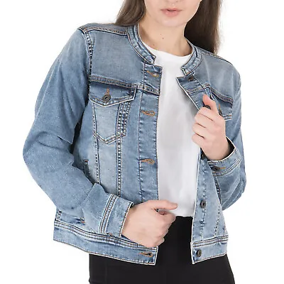 Women's Basic Collarless Denim Jacket Ladies Long Sleeve Washed Jean Biker Top • £16.99