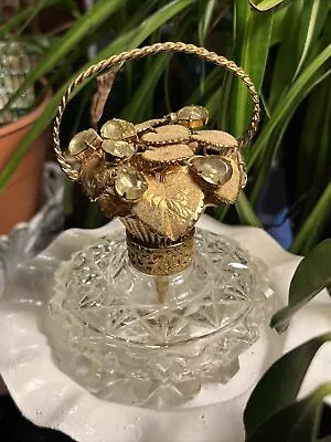 Vintage Irice Perfume Bottle Ormolu Rhinestone Flower Basket Top • $146.25