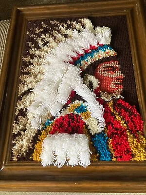 Vintage Framed Needlepoint Picture Native American Indian Indigenous Chief 30x24 • $65
