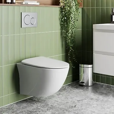 Wall Hung Rimless Toilet Pan Soft Close Seat Gloss White Bathroom Modern • £140